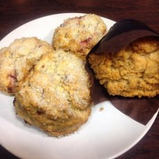 Strawberry Pistachio scones and Raspberry Chocolate Chip muffins
